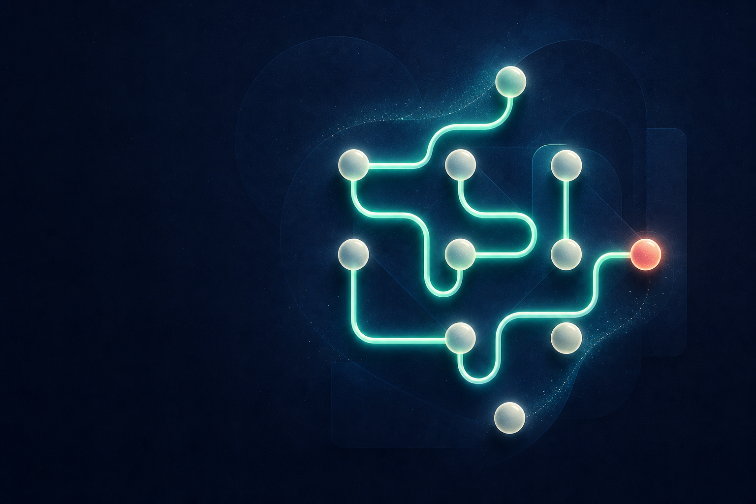 A glowing continuous line winding through a constellation of puzzle dots